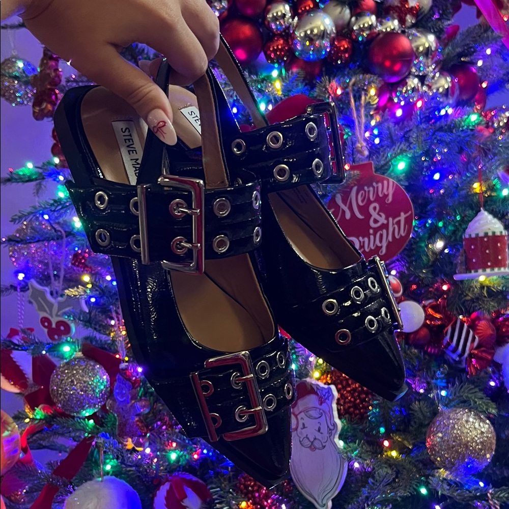Steve Madden Black Patent Flats with Silver Buckles